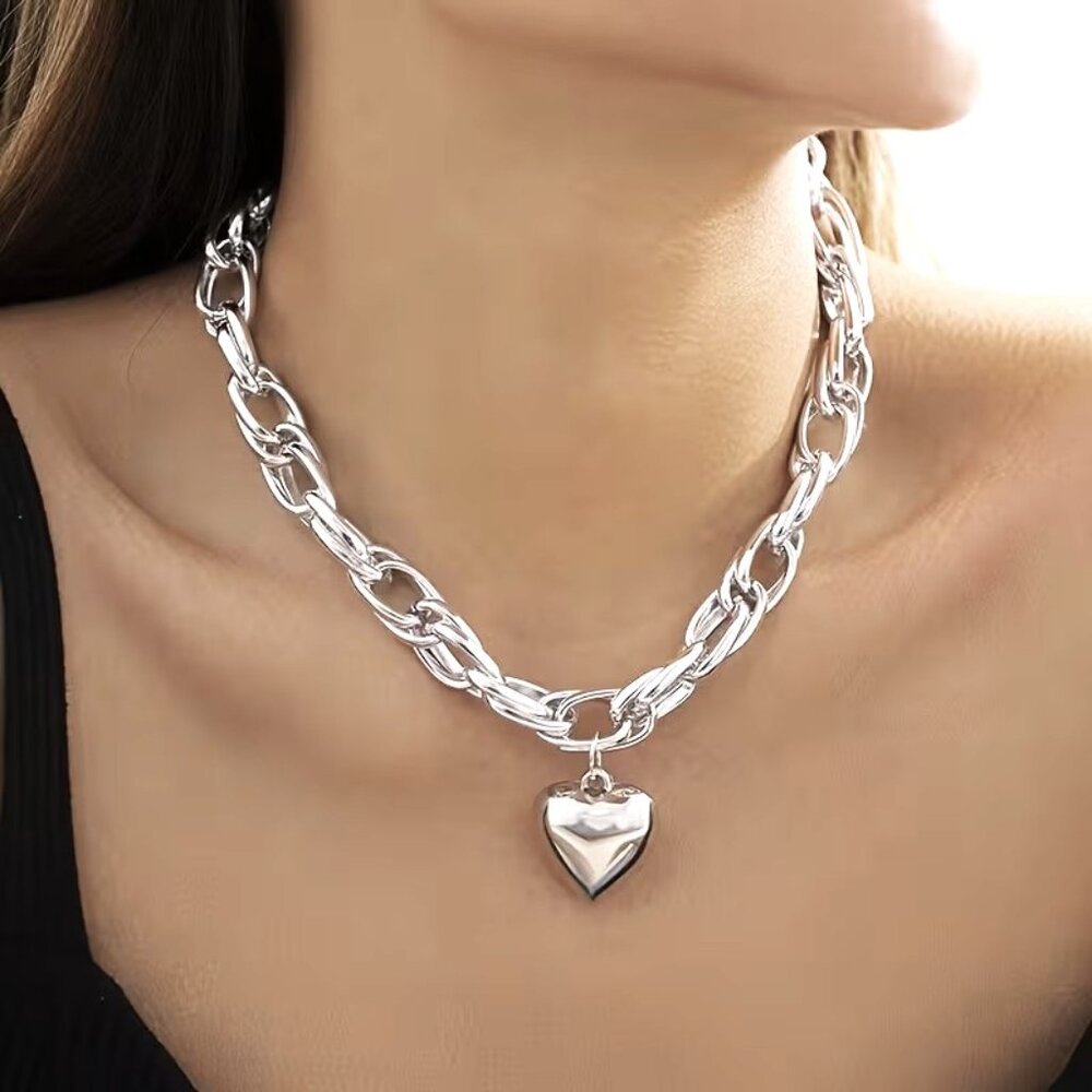 Necklace Chunky Choker Heart Chain Bold Silver Sexy Exaggerated Statement Trendy
